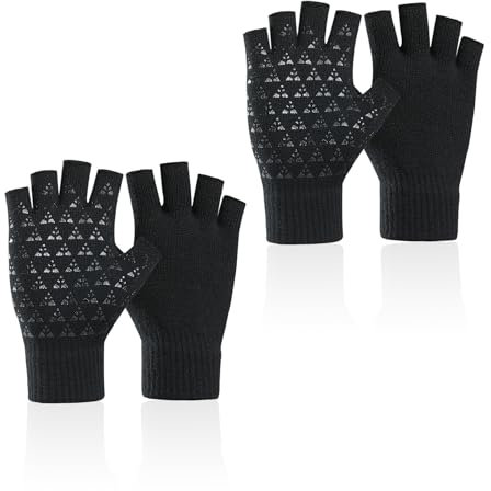 COACOM 2 Paar Schwarze Thermo-Strickhandschuhe, Halbfingerlose Handschuhe, Rutschfester Strick-Touchscreen, Unisex-Fingerlose Handschuhe, Winterzubehör, Fahrhandschuhe, Grip-Handschuhe