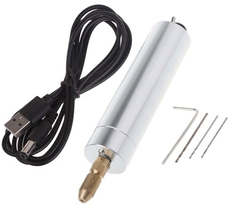 Amsixo Taladro eléctrico pequeño para manualidades, tamaño mini, taladro de mano alimentado por USB con 3 brocas, aleación de aluminio, taladro de mano eléctrico ligero para manualidades