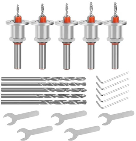 Broca avellanadora Bekasa, juego de 5 piezas con 5 puntas intercambiables y llaves en diferentes tamaños para taladros avellanados de carpintería, plástico, taladrar agujeros (10 mm)