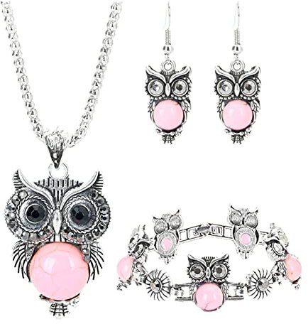 Halskette Kinder Silber 925 3 Teile/Satz Western Vintage Calaite Schmuck Set National Nachteule Schmuck Set Für Frauen Eule Schmuck Set Retro Stil Eule Türkis Zubehör (Armband (Pink, One Size)