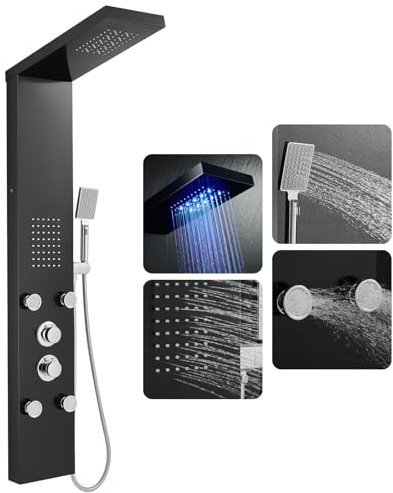 ROVOGO Schwarze Duschpaneel mit Thermostat, Duschpaneele Komplett mit LED - Regendusche, 2 Strahlarten Massagedüsen, 3 Strahlarten Handbrause, Edelstahl Duschsäule mit Armatur, Wandmontage