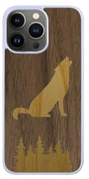 Enowood Coque en Bois pour téléphone Iphone Artisanal Blanc - Loup - Iphone 15 - Noyer