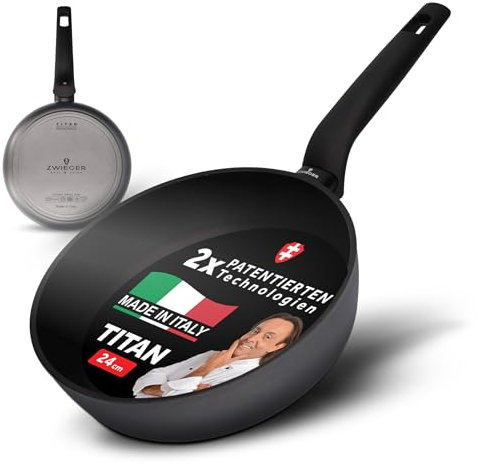ZWIEGER Innovative Bratpfanne 24cm - tiefe Pfanne 24 cm Induktion, Pfanne 24 cm Hoher Rand, Beschichtete Pfanne Induktion 24cm - Reine Titanschicht, Spülmaschinengeeignet
