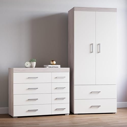 DRP Trading White & Grey Oak 2 Piece Bedroom Furniture Set, 4+4 Drawers Chest, 2 Door Wardrobe, Ample Storage, Elegant Décor, Ideal for Bedroom Organisation, Quality Bedroom Set