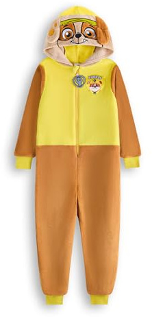 Paw Patrol Rubble Tutina per Bambini e Bambine | Pigiama Tutto-in-Uno per Bambini in Marrone e Giallo | Tuta da Notte Unisex con Cappuccio Ricamato e Orecchie 3D