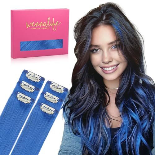 WENNALIFE Extensiones de cabello humano real con clip, color azul, 35 g, 6 unidades de 18 pulgadas, extensiones de cabello de colores para niños y mujeres, piezas de cabello colorido, estilo
