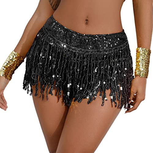 ABEHIK Damen Pailletten Shorts Hohe Taile Musikfestival Shorts Sommer Kurze Glitzer Hot Pants Partyshorts mit Fransen