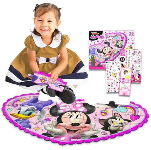 Minnie Mouse Floor Puzzle Set - Bundle with 25 Pc Minnie Foam Floor Puzzle for Kids with Minnie Stickers, Tattoos, More | Minnie Mouse Jigsaw Puzzles for Girls