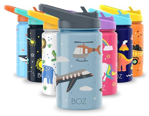 BOZ Wasserflasche für Kinder, mit Strohhalmdeckel, Isolierte Edelstahl-Trinkflasche für Kinder, Kleinkinder, auslaufsichere Wasserflasche (Himmel)