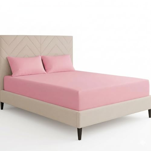 ChComfort Deep King Size Fitted Sheet with 2 Matching Pillowcase - Pink Microfiber, All-Around Elastic 40cm depth, Wrinkle-Free, Fade Resistant - Suitable for All! (Pink, King)