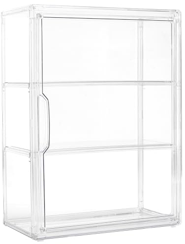 Acrylic Display Case for Collectibles 3 Tier Figure Display Case with 2 Movable Plates Clear Display Cases for Figures with Magnetic Door Tall Display Box, 1 Pack