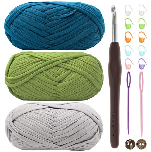 T-Shirt Garn, Bändchengarn zum Häkeln und Stricken Textilgarn 3 x 100g Dickes Polyester-Garn mit einer 6mm-Häkelnadel für Häkeltaschen, Körbe, Teppiche, Heimdekoration und DIY-Kunsthandwerk