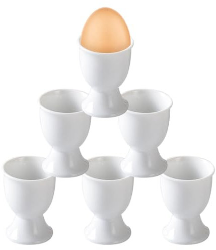 Hueveras de Porcelana, Juego de 6 Hueveras de Porcelana, 5,2 x 7cm Soporte para Huevos Apilable, Utensilio para Cocinar para el Desayuno, para Desayuno, Almuerzo, Cena, Blanca