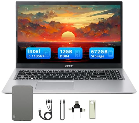 acer Aspire 3 15.6 FHD Laptop, 12GB RAM, 672GB Storage(512GB SSD + 160GB Docking Station Set), Intel i5-1135G7, Intel Iris Xe Graphics, Numeric Pad, 720p HD Camera, WiFi, Windows 11 Home, Silver