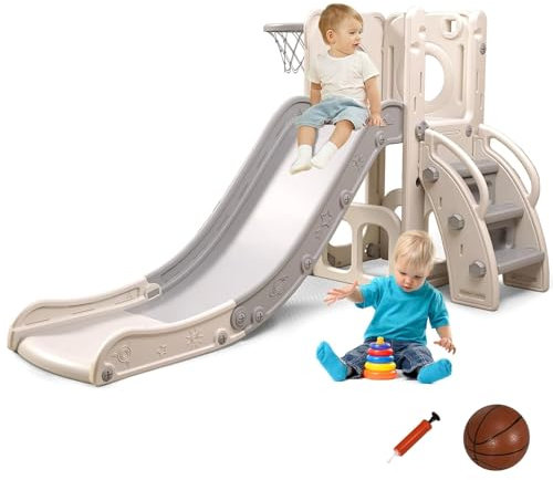 HLC 4 in 1 Toddler Slide Kids Indoor Slide for Toddlers Age 1-3,Baby Slide with Basketball Hoop,Climbing, Storage Indoor Outdoor Playset Playground Freestanding Slide