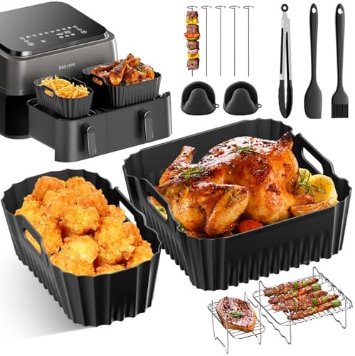 Accessori Airfryer per Philips Dual Basket Serie 3000 | Kit 9 pezzi con Inserti in Silicone 6L + 3L, Griglia, Pinze | Resistente al Calore (240°C), Lavabile in Lavastoviglie & Senza BPA
