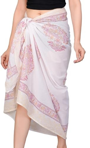 100% Cotton Swimsuit Coverup For Women Beach Cover Up Pareo 73x44- Hand Block Printed White Sarong Wraps for Women, Pink Pot, One Size