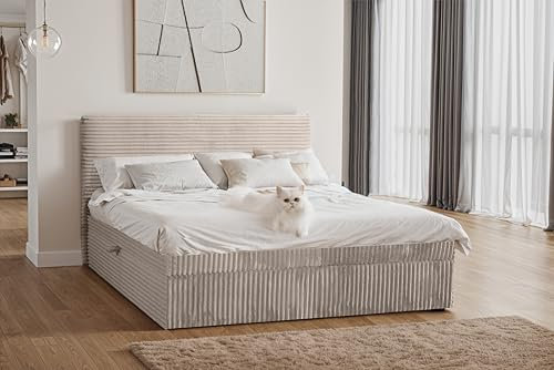 Kaiser Möbel - Bett 140x200 cm, Boxspringbett mit Bettkasten und Topper, Cord Schlafzimmerbett, Doppelbett mit Stauraum und Gepolstertes Kopfteil, Toppermatratze aus Viscoschaum - Trento - Beige
