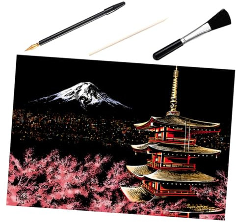 HEMOTON 1 Set 4 Teilig DIY Kratzbild Kratzmalerei Set Japan City Serie Kreative Nachtansicht Kunst Und Handwerk Für Erwachsene Kratzpapier Regenbogenmalerei Kratzpad Schwarzer