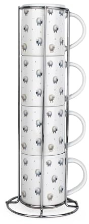 Purely Home Spring Sheep Stacking Mugs Set - Countryside Farm Animal Present - Set of 4 Small Ceramic Mugs Gift Set with Metal Stand