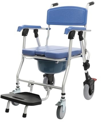 Fahrbar Klappbar Duschrollstuhl Duschstuhl Mit Rollen Toilettenstuhl Für Senioren mit Gepolsterter Sitzplatte und Toiletteneimer Duschstuhlsitz mit Armlehnen maximalen Tragfähigkeit von Über 150kg