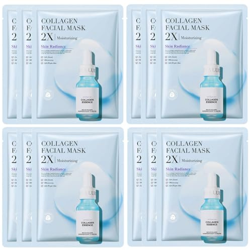 Jorun 12 Stück Collagen Gesichtsmaske Frauen Set - Koreanische Tuchmasken | Gesicht Feuchtigkeitsspendend,Anti-Aging,Aufhellend Face Mask Skincare - für Alle Hauttypen Vegan Tuchmaske