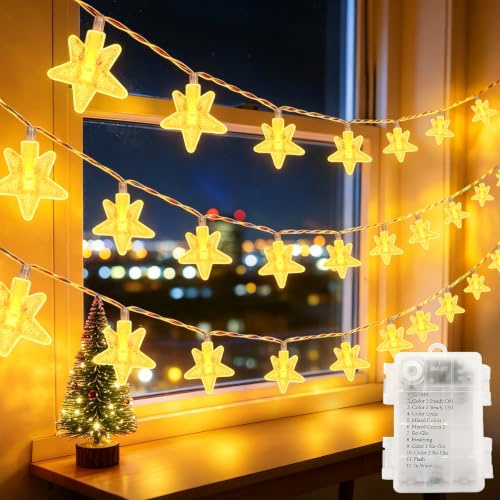 Lichterketten Sterne Außen 5M 30LED Lichterkette mit 6h Timer Warmweiß | Lichterkette batteriebetriebene, IP65 Wasserdicht Lichterkette für Weihnachtsbeleuchtung, Party, Garten, Weihnachten Deko