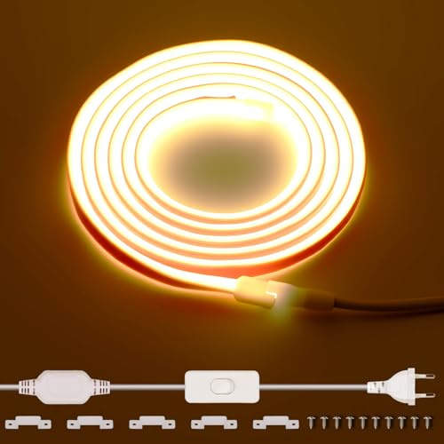 Großcat Striscia LED COB 220V 2M Esterno Impermeabile, 288 LED/m, Bianca Calda da 3000K senza trasformatore, nastro LED flessibile e tagliabile con interruttore per decorazioni domestiche, cucina, tv
