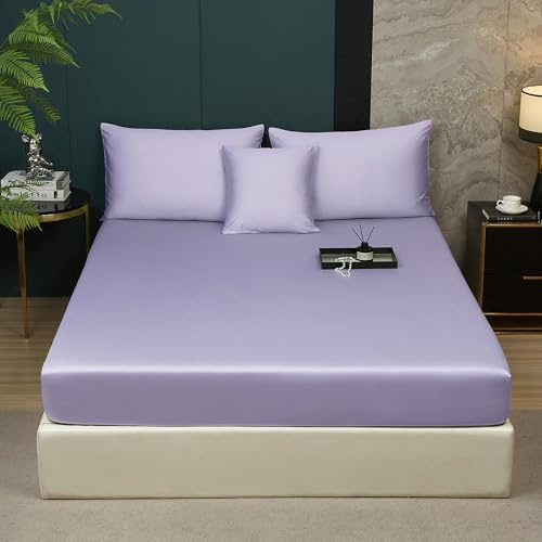 Luofanfei Mako Satin Spannbettlaken 180x200 Baumwolle Lila Boxspringbett | Jahreszeiten Topper ÖKO-TEX Bettlaken,Kühlend Glatt Muster und Atmungsaktiv Spannbetttücher,für Hohe Matratze bis 25-30 cm