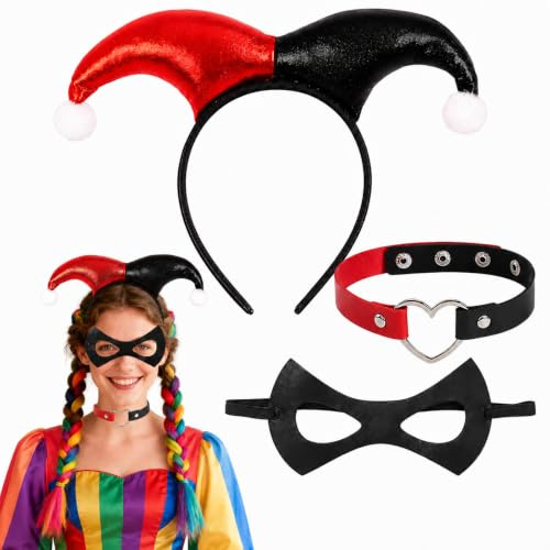 COUOCRE Clown Kostüm Damen –Clown Stirnband & Herz Halsband & Augenmaske – Harleki Kostüm Damen Accessoires, 3-teiliges Karneval Set in Schwarz-Rot