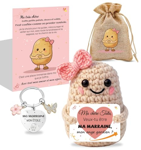Cadeau Demande Marraine Original, Peluche Patate Tricotée Main avec Porte-Clés MARRAINE et Carte Humour Tata, veux-tu ÊTRE MA MARRAINE ? Idée Annonce Grossesse ou Baptême pour Communion, Anniversaire