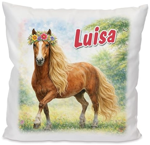 Unikatolo Kissen mit Name und Motiv personalisiertes Geschenk für Kinder Kinderzimmerdeko Kindergarten Schulanfang Kindergeburtstag Namenskissen Kissen für Paare (Pferd)