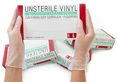 SF Einweghandschuhe L Transparent - 100 Stück Vinyl Handschuhe, Puderfrei, Latexfrei, Untersuchungshandschuhe, Putzhandschuhe, Gummihandschuhe für Medizin, Küche, Tattoo, Reinigung