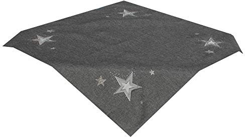 Tischläufer - STERN - anthrazit grau bestickt mit Sternen silber weiß besetzt mit Glaskristallen sehr schöne festliche Stickerei für Winter Weihnacht Tischdecke, Größe:85 x 85 cm
