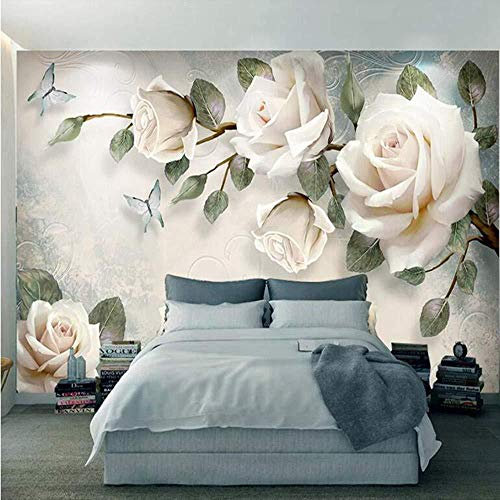 Giant Wallpaper Photo Wallpaper Modern 3D Photo Wallpaper Wall Mural White Rose Flowers for Living Room TV Background Home Decoration Floral Card Wallpaper Grey Wall Sticker border-350cm×256cm