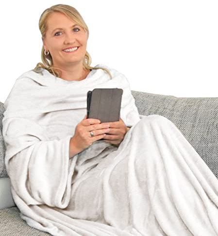 L.E.M.B. Hometrends Kuscheldecke mit Ärmeln TV Decke Sofadecke Ärmeldecke Wohndecke Fleecedecke Mikrofaser Strokkur 170 x 200 cm Offwhite