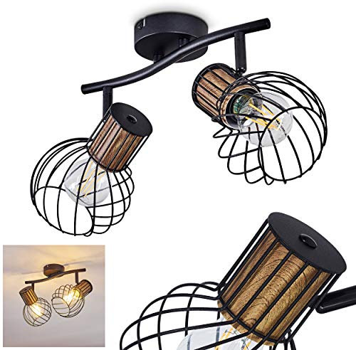 Deckenleuchte Koler, runde Vintage Deckenstrahler aus Holzoptik/Metall in Braun/Schwarz, 2-flammig, 2 x E27, Ø Schirme 13 cm, Dreh- und Schwenkbar, mit Lichteffekt an der Decke, ohne Leuchtmittel