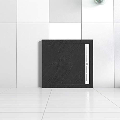 Piatto Doccia Quadrato 80x80x3cm in Pietra Vulcanica e Resina Mista finitura Pietra Nera Ruvida Ultraslim Antiscivolo Antibatterico