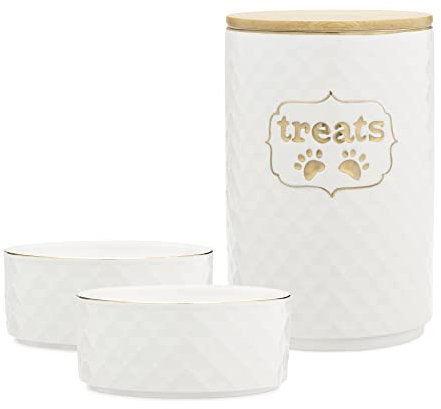Navaris Leckerli Dose mit Deckel Set für Haustiere - Keramik Behälter für Leckerlis Plus 2X Futternapf - für Katze oder Hund - Leckerlidose in Weiß