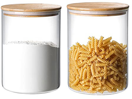 2 Sets 3000 ML/100 FL OZ Clear Glass Storage Canister Holder with Airtight Bamboo Lid, Extra Large Container Jar for Flour Sugar Coffee Loose Tea Rice Cookie Cereal Pasta Spaghetti Protein Powder