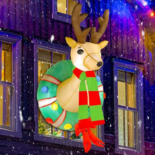 Juegoal 4 FT Christmas Inflatable Rudolph Wreath, Lighted Blow Up Reindeer with Built in LED Lights, Indoor / Outdoor Xmas Holiday Decor, Light Up Front Door Window Lawn Yard Garden Decorations