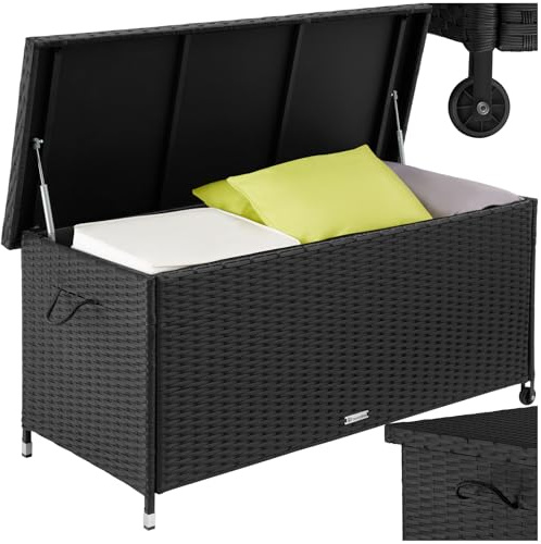 tectake® 270L Garden Storage Box with UV-Resistant Polyattan Weave & Powder-Coated Steel Frame, Lockable Outdoor Storage Box with Gas Spring, 2 Castors & Removable Inner Lining, Easy Assembly - Black