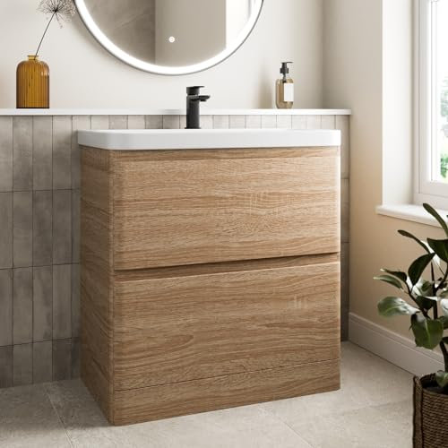 Affine® 800mm Vanity Unit Wash Basin Sink Bathroom Floor Standing Storage Cabinet Cupboard Cloakroom, Soft Close Drawers, Wood Oak Effect