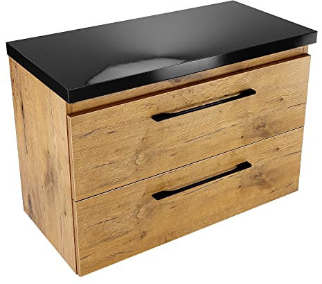 paplinskimoebel - Girona Meuble sous-lavabo avec embout, 80 cm de large, meuble de salle de bain avec plan de travail, meuble bas pour lavabo à poser, meuble bas en bois - Chêne/noir