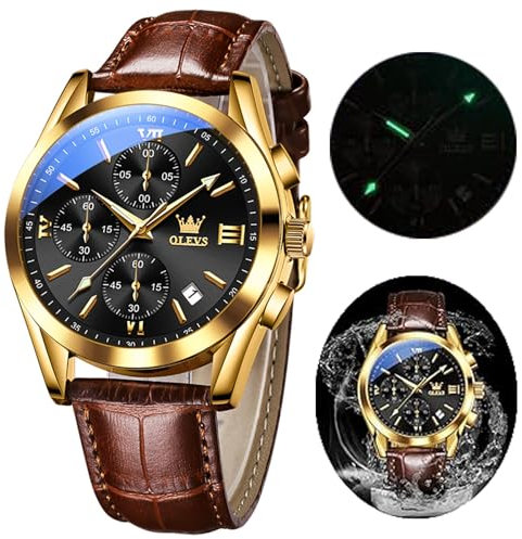 OLEVS Herren Chronograph Quarz Uhren, Lederband Gold Gehäuse mit Tag Datum, Wasserdicht Edelstahl Armbanduhr, Leuchtende Uhren für Herren, Mode, Freizeit, Lederarmband, Modisch, Sport