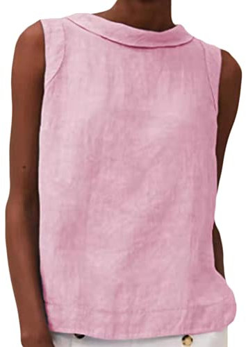 Onsoyours Femme T-Shirts à sans Manches en Coton Lin Chemise Chic Simple Tops Chic Chemise Slim Décontracté Couleur Unie Pas Cher Mode Camisole Tops A Rose L
