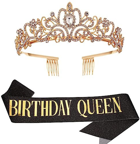 Geburtstag Königin Schärpe & Strass Tiara Kit - 21. 30. 40. 50. 60. Geburtstag Geschenke Geburtstag Schärpe für Frauen Geburtstag Party Supplies (Black)