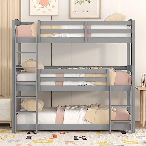 Dolamaní Hochbett für Kinder, Etagenbett mit Leiter & DREI Liegeflächen 90 x 200 cm, mit Kletterleiter und Fallschutz (Grau 90 x 200 cm)