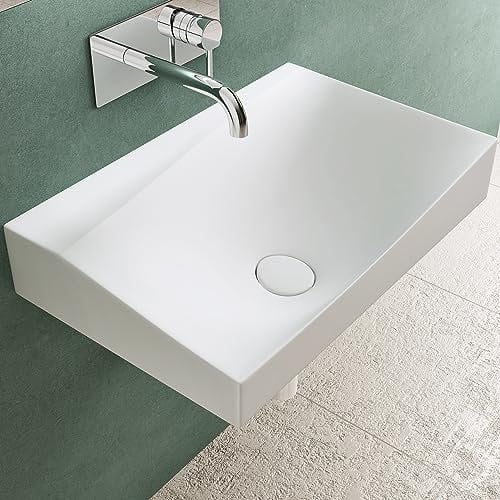 Mai & Mai Lavabo Suspendu Blanc 60x38x20cm en Résine Vasque Suspendue Rectangulaire avec Cache Bonde Col6035