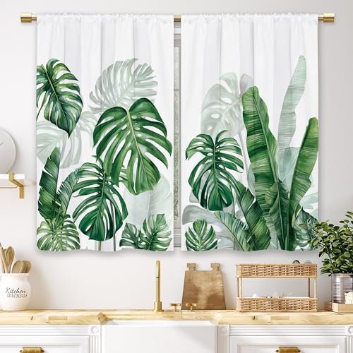 Laifzere Küchenvorhänge, tropische Blätter, grüne Pflanze, Sommer, klein, kurz, Monstera-Blatt, Palme, Badezimmer, Fenstervorhänge, Stufengardinen, 2-teilig (70 x 99 cm)